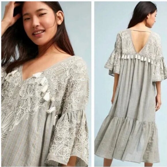 Anthropologie Maeve Tisdale Embroidered Tassel Midi Dress Women 6 Oversized Gray - Picture 1 of 16